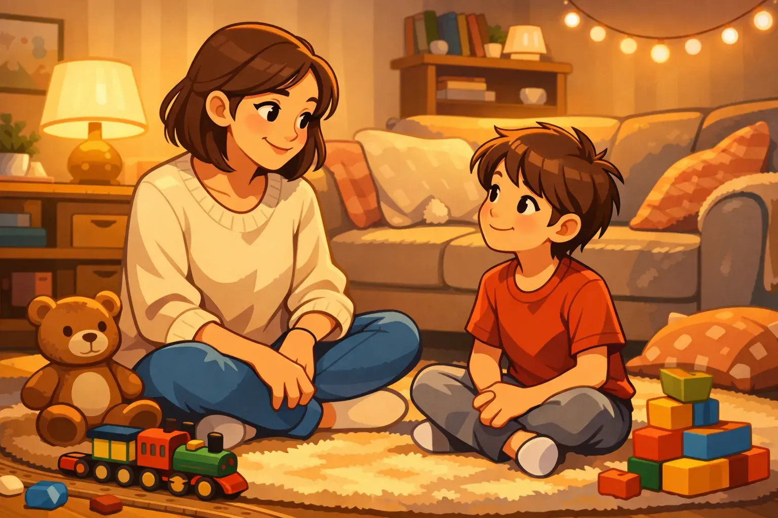 parent discute calmement avec enfant ambiance douce cocooning